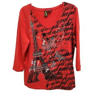 Spartelle Womens Eiffel Tower Top Large Orange Embellished Novelty Wearable Art